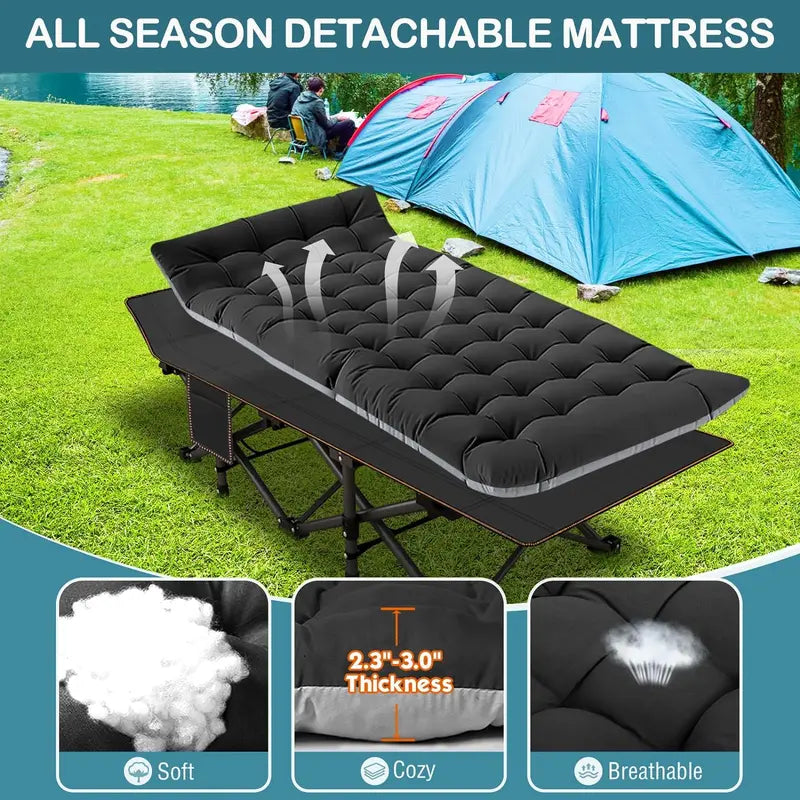 【DealsForYouDays】XL Camping Cot with Thick Pad – Oversized, Portable Folding Bed, 900LBS Max Load, Heavy-Duty Double-Layer Oxford w/ Carry Bag