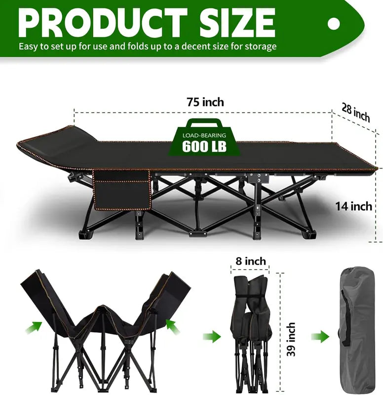 【DealsForYouDays】XL Camping Cot with Thick Pad – Oversized, Portable Folding Bed, 900LBS Max Load, Heavy-Duty Double-Layer Oxford w/ Carry Bag