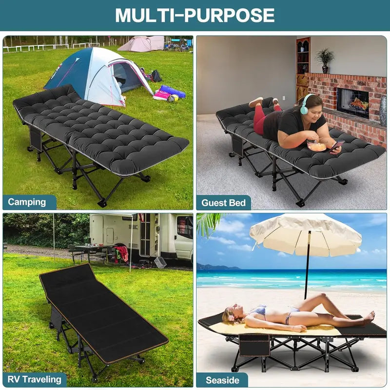 【DealsForYouDays】XL Camping Cot with Thick Pad – Oversized, Portable Folding Bed, 900LBS Max Load, Heavy-Duty Double-Layer Oxford w/ Carry Bag