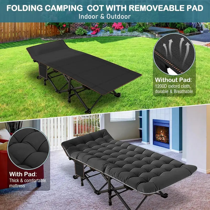 【DealsForYouDays】XL Camping Cot with Thick Pad – Oversized, Portable Folding Bed, 900LBS Max Load, Heavy-Duty Double-Layer Oxford w/ Carry Bag