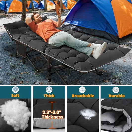 【DealsForYouDays】XL Camping Cot with Thick Pad – Oversized, Portable Folding Bed, 900LBS Max Load, Heavy-Duty Double-Layer Oxford w/ Carry Bag