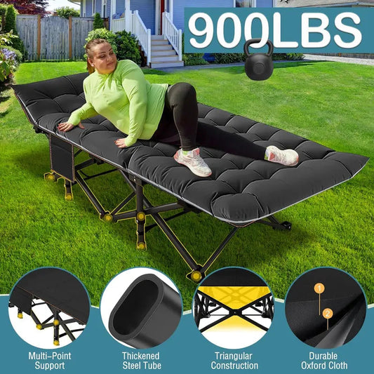 【DealsForYouDays】XL Camping Cot with Thick Pad – Oversized, Portable Folding Bed, 900LBS Max Load, Heavy-Duty Double-Layer Oxford w/ Carry Bag